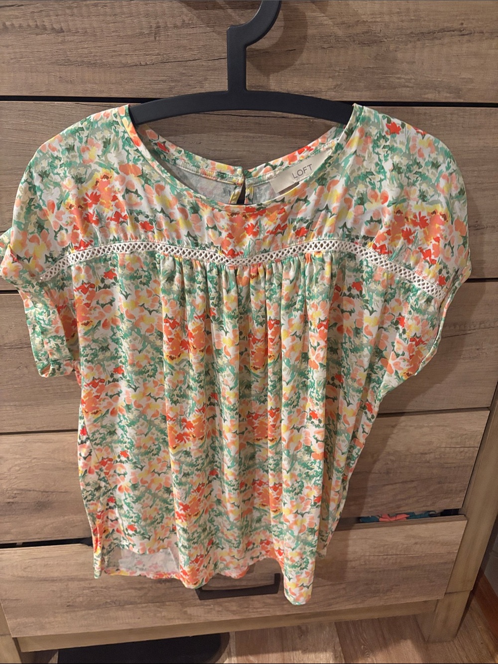 LOFT Floral Crochet-Yoke Short Sleeve Top in Mint & Coral